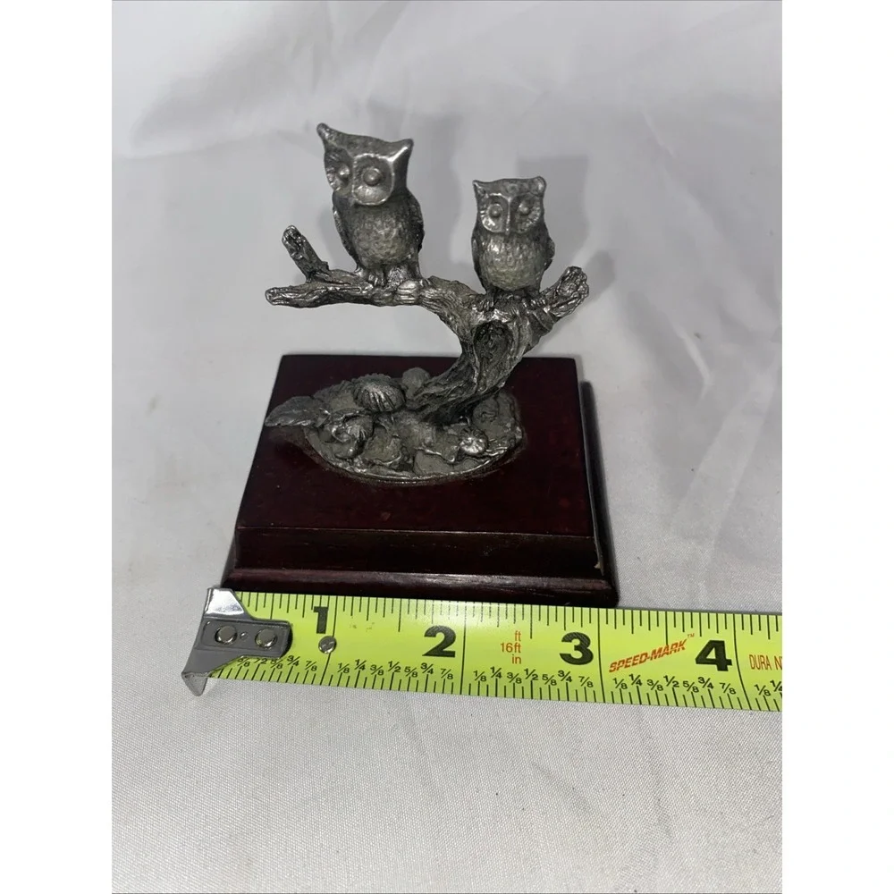 Pewter‎ Owls On Branch with Mushrooms Figurine Wood Base Vintage